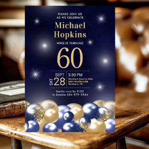 60th Birthday Navy Blue Gold Balloons Photo Invitation