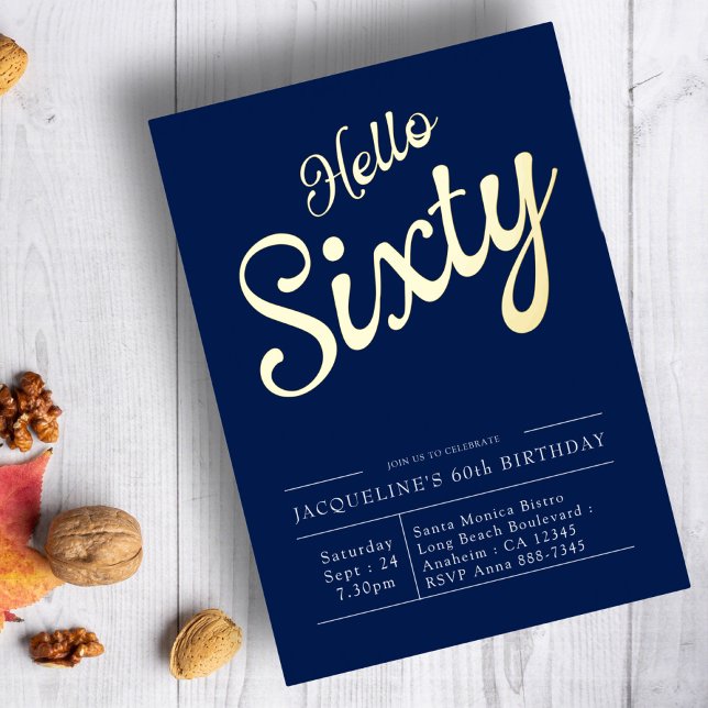 60th Birthday Navy Blue Gold Foil Invitation (Creator Uploaded)