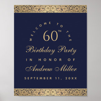 60th Birthday Navy Blue Gold Roses Welcome Sign