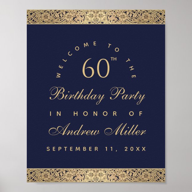 60th Birthday Navy Blue Gold Roses Welcome Sign (Front)