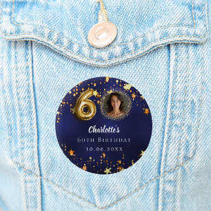 60th birthday navy blue gold stars photo 6 cm round badge