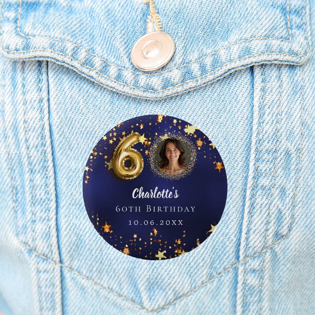 60th birthday navy blue gold stars photo 6 cm round badge (Creator Uploaded)