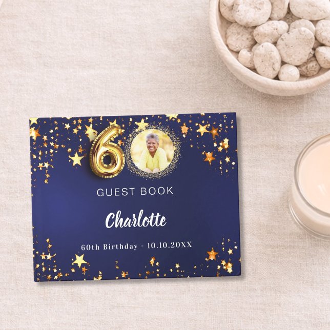 60th Birthday navy blue gold stars photo Guest Book (Creator Uploaded)