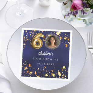60th birthday navy blue gold stars photo napkin
