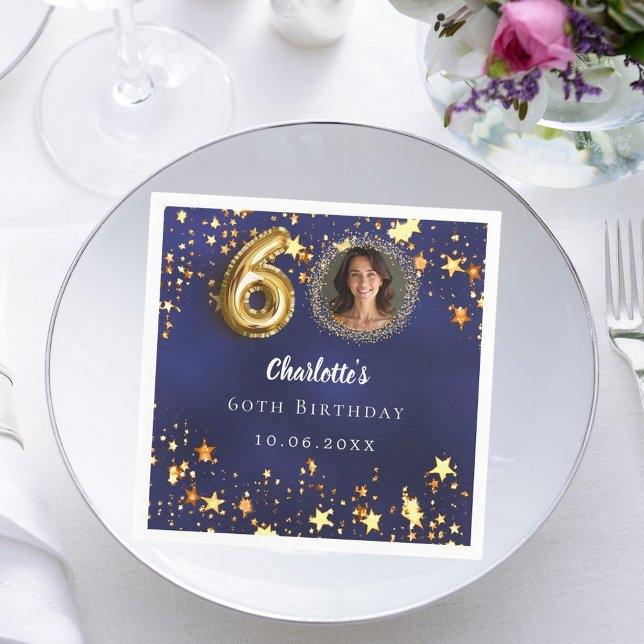 60th birthday navy blue gold stars photo napkin (Creator Uploaded)
