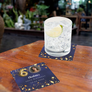 60th birthday navy blue gold stars photo square paper coaster