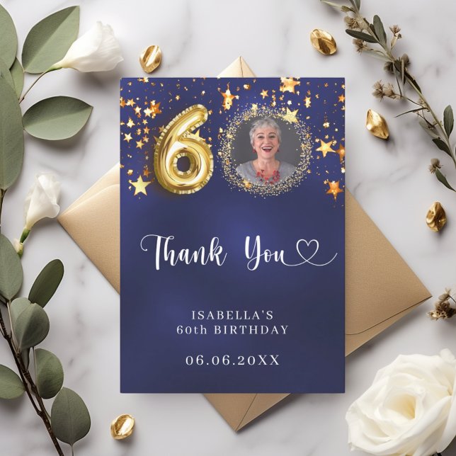 60th birthday navy blue gold stars photo thank you card (Creator Uploaded)