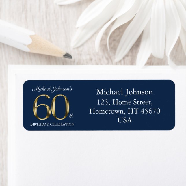 60th Birthday Navy Blue Gold Text Return Address  Label (Insitu)