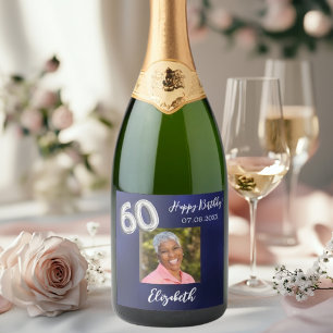 60th Birthday navy blue photo Sparkling Wine Label
