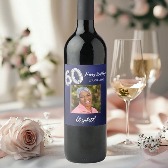 60th Birthday navy blue photo Wine Label (Creator Uploaded)