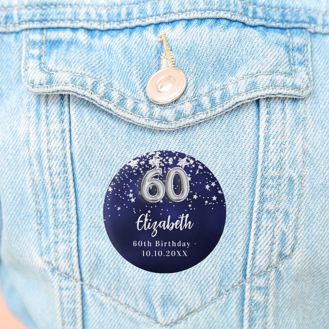 60th birthday navy blue silver stars 3 cm round badge (Creator Uploaded)