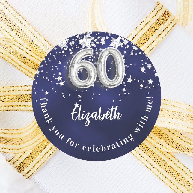 60th birthday navy blue silver stars classic round sticker (Creator Uploaded)