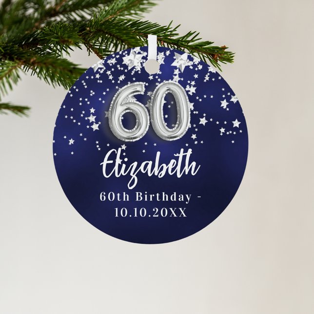 60th birthday navy blue silver stars glass tree decoration (Creator Uploaded)