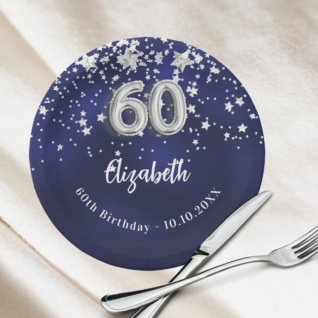 60th Birthday navy blue silver stars Paper Plate (Creator Uploaded)