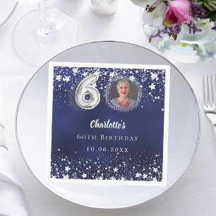 60th birthday navy blue silver stars photo napkin