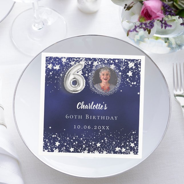 60th birthday navy blue silver stars photo napkin (Creator Uploaded)