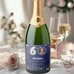 60th birthday navy blue silver stars photo sparkling wine label