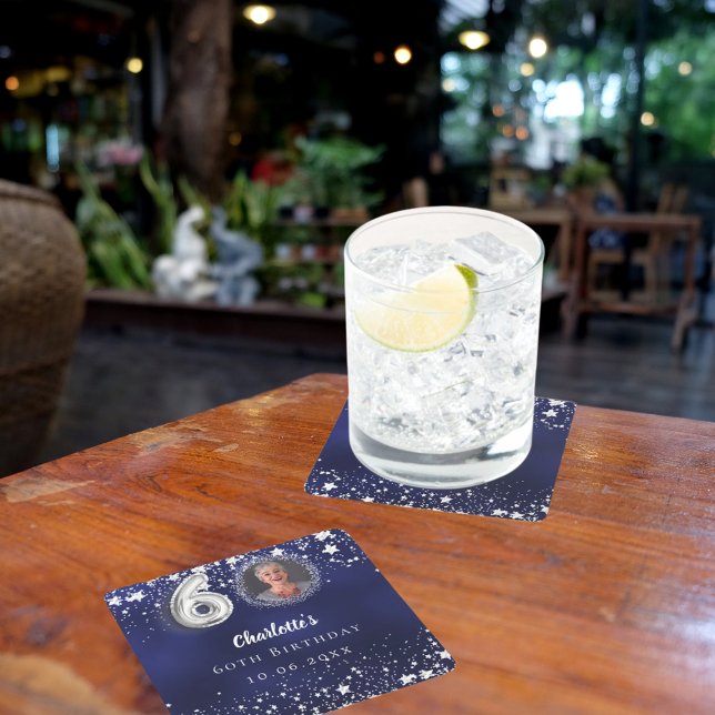 60th birthday navy blue silver stars photo square paper coaster (Creator Uploaded)