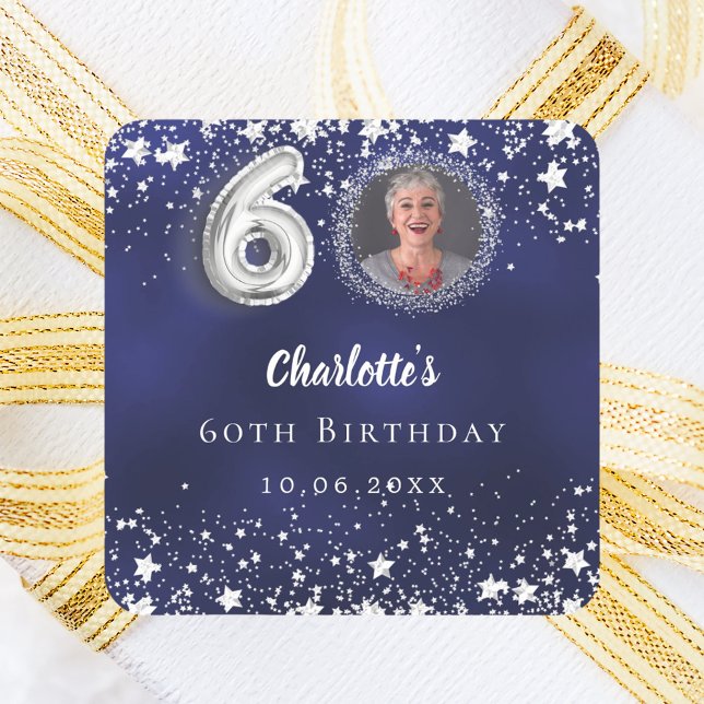 60th birthday navy blue silver stars photo square sticker (Creator Uploaded)