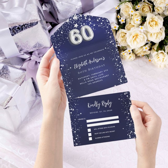 60th Birthday navy blue silver stars rsvp All In One Invitation (Creator Uploaded)