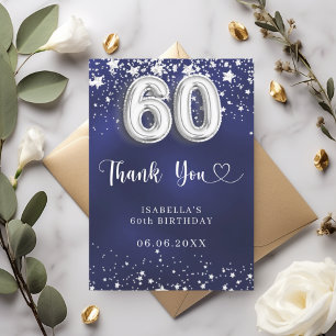 60th birthday navy blue silver stars thank you card