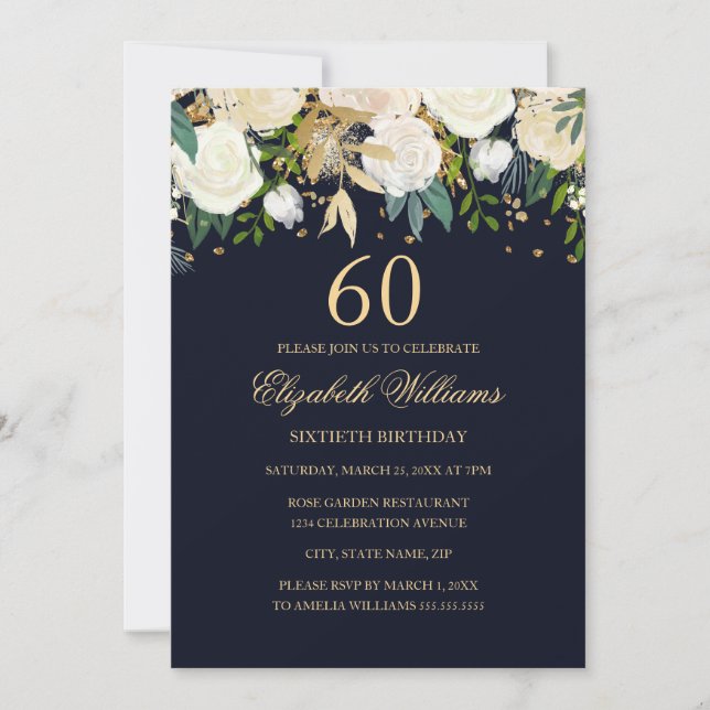 60th Birthday Navy Gold Floral Invitation (Front)