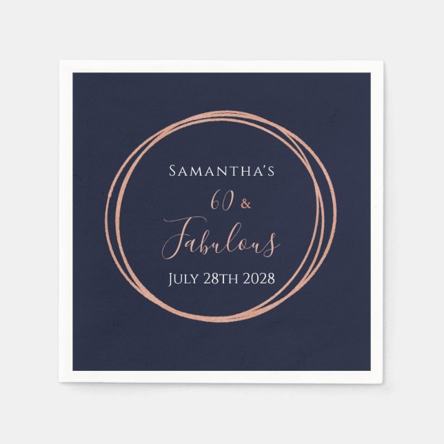 60th Birthday Navy Rose Gold Party Napkin (Front)