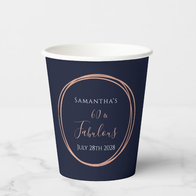 60th Birthday Navy Rose Gold Party Paper Cups (Front)
