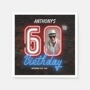 60th Birthday Neon 80s Retro Modern Custom Photo Napkin