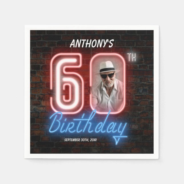 60th Birthday Neon 80s Retro Modern Custom Photo Napkin (Front)