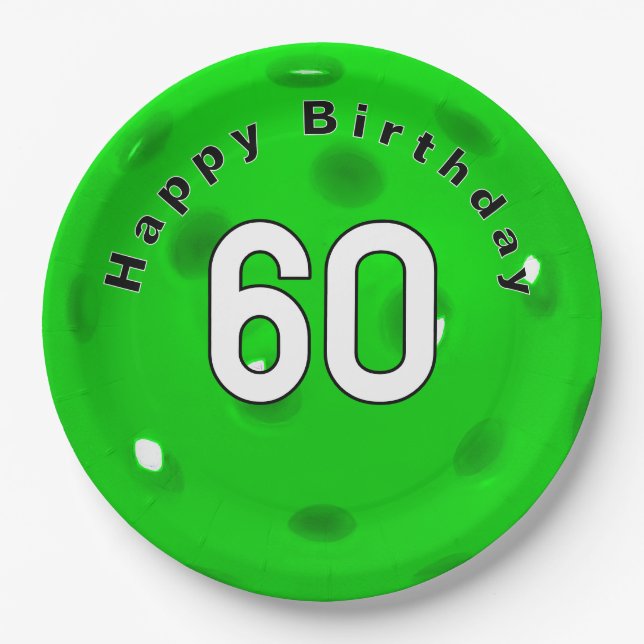 60th Birthday Neon Green Pickleball Paper Plate (Front)