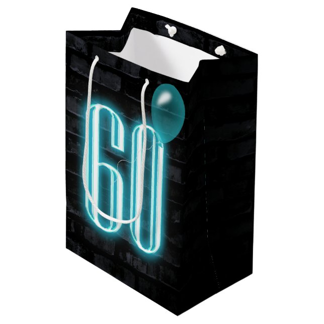 60th Birthday Neon Sign on Brick   Medium Gift Bag (Front Angled)