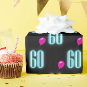 60th Birthday Neon Sign with Balloon    Wrapping Paper
