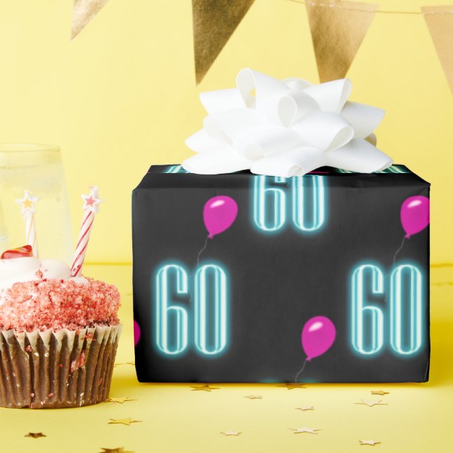 60th Birthday Neon Sign with Balloon    Wrapping Paper (Birthday Party)