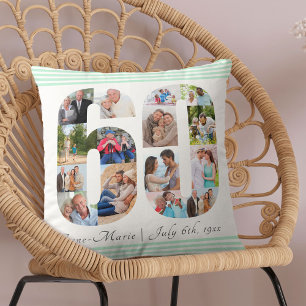 60th Birthday Number 60 Photo Collage Mint Green Cushion