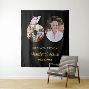 60th Birthday Number 60 Photo Collage Modern Black Tapestry