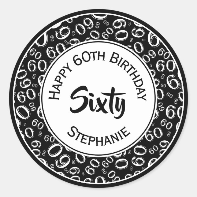 60th Birthday Number Pattern 60 Black and White Classic Round Sticker (Front)