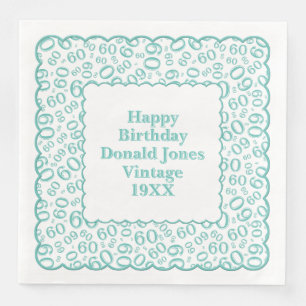 60th Birthday Number Pattern Scallops Teal/White Napkin