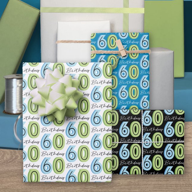 60th Birthday Numbers Green Blue Wrapping Paper Sheet (Creator Uploaded)