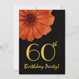 60th Birthday Orange Gold Black Daisy Metallic Invitation