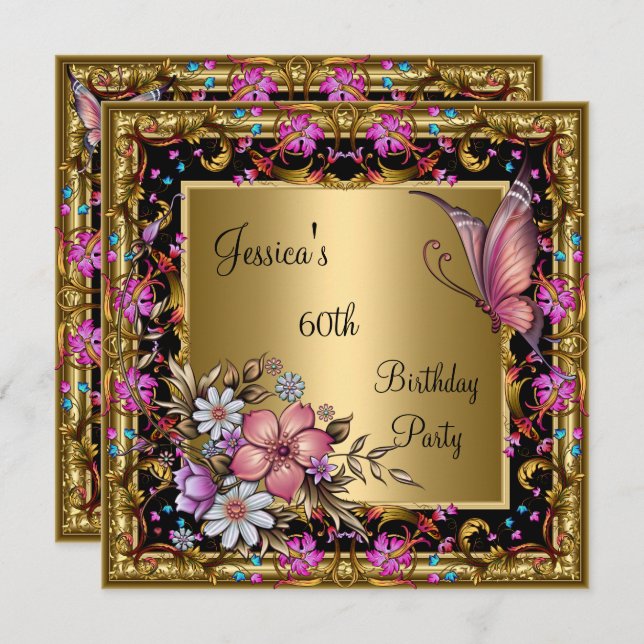 60th Birthday Ornate Pink Floral Butterfly Gold Invitation (Front/Back)