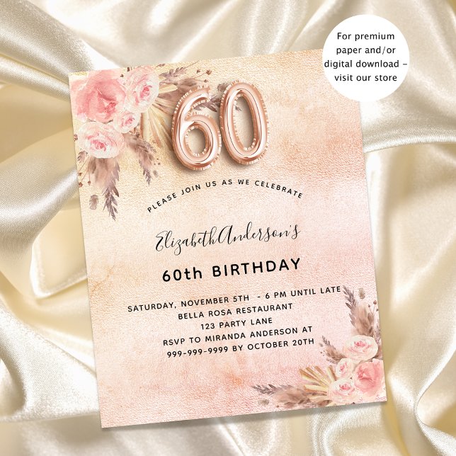 60th birthday pampas grass rose budget invitation flyer (Creator Uploaded)