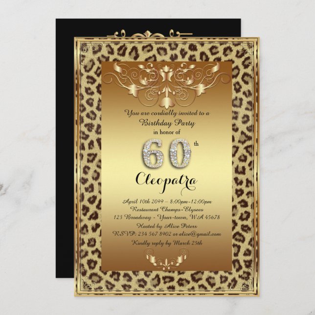 60th,Birthday Party 60th, Royal Cheetah gold black Invitation (Front/Back)
