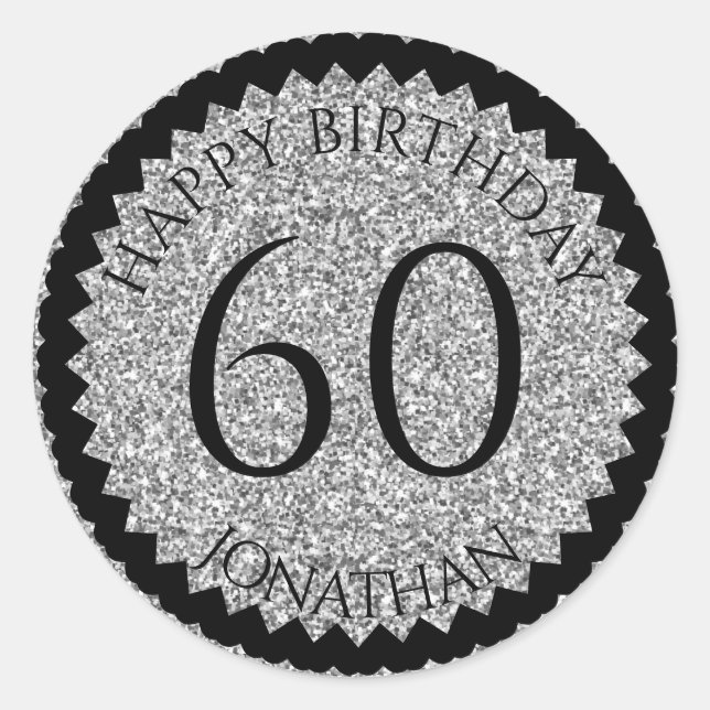 60th Birthday Party add your name Silver Glitter Classic Round Sticker (Front)