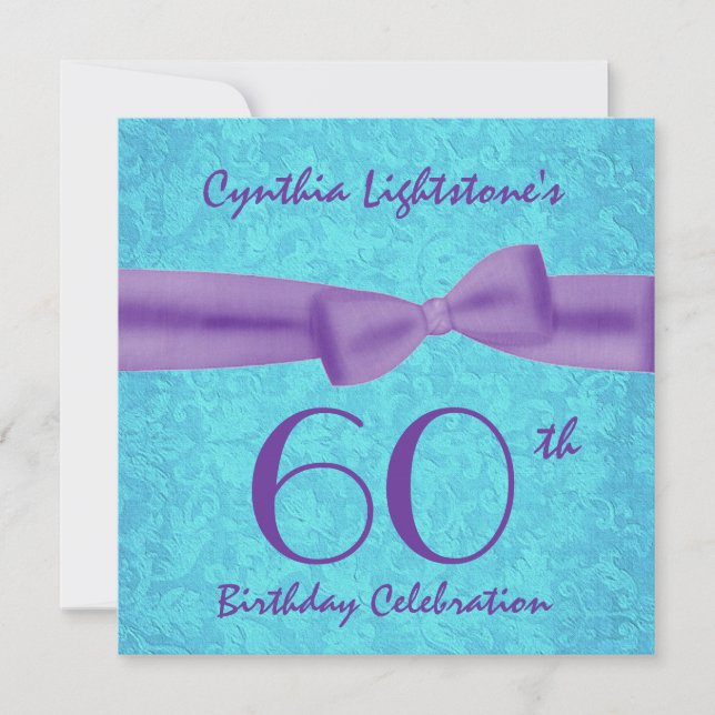 60th Birthday Party Aqua and Purple Bow M456 Invitation (Front)