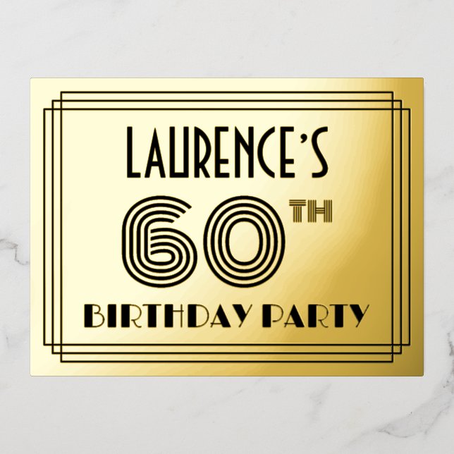 60th Birthday Party ~ Art Deco Style “60” + Name Foil Invitation Postcard (Front)