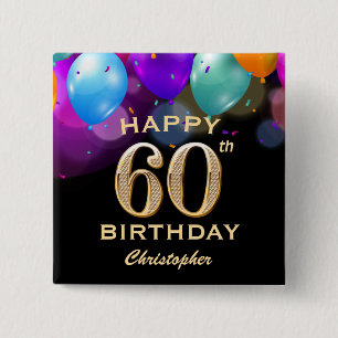 60th Birthday Party Black and Gold Balloons 15 Cm Square Badge