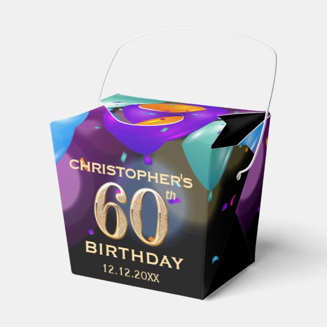 60th Birthday Party Black and Gold Balloons Favour Box (Front Side)