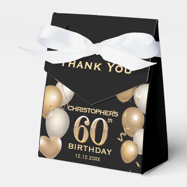 60th Birthday Party Black and Gold Balloons Favour Box (Front Side)
