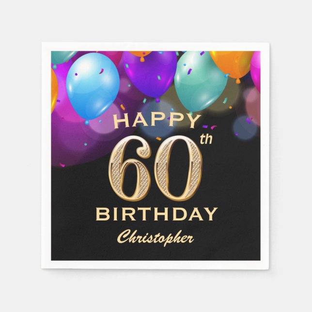 60th Birthday Party Black and Gold Balloons Napkin (Front)